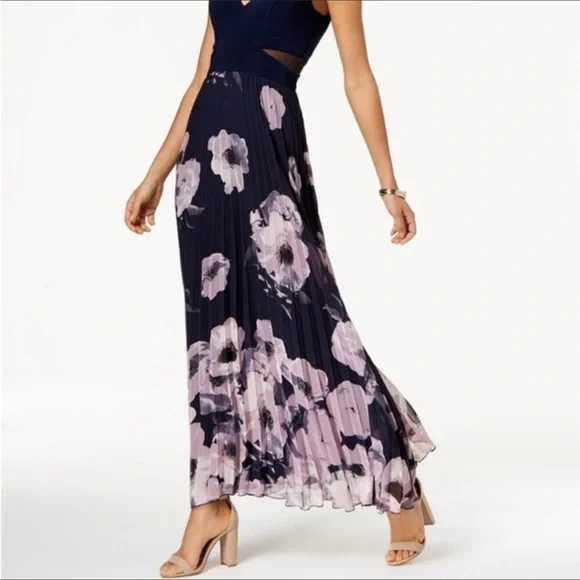 XSCAPE Illusion-Inset Floral Print Gown